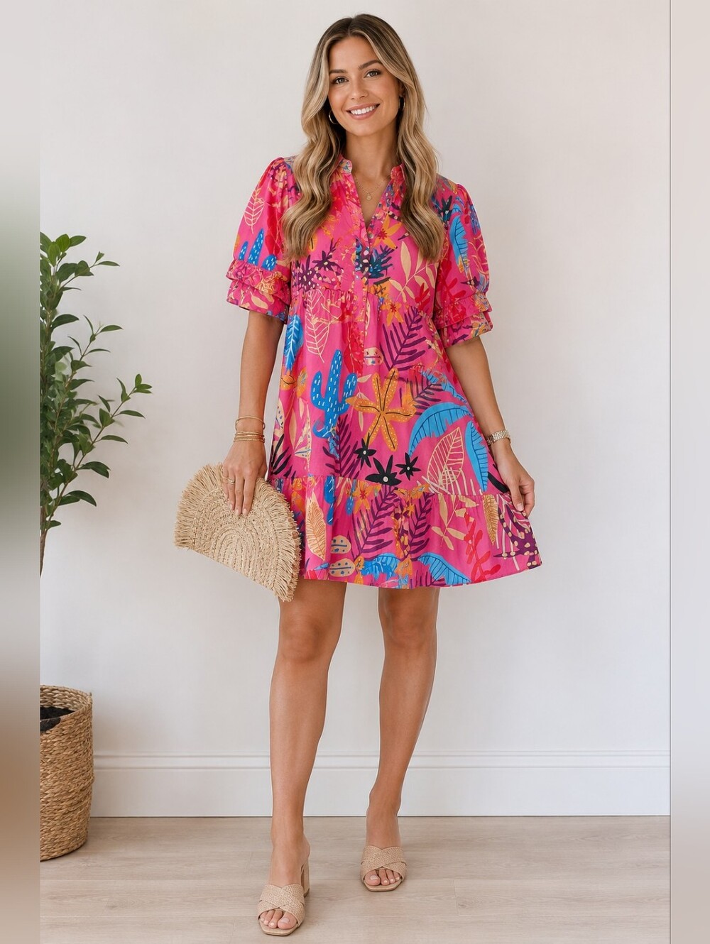 Maude Vivante Pink Tropical Puff Sleeve Shift Dress Medium